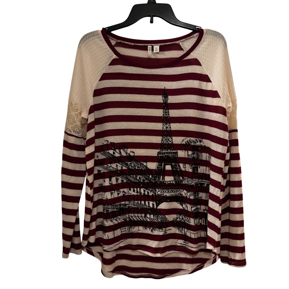 Cato Women's Striped Top Medium‎ Paris Cityscape Grape Long Sleeve